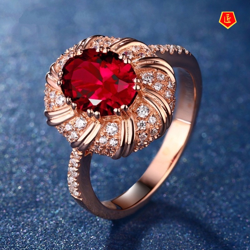 [Ready Stock]Luxury Carat Ruby Ring Female 18K Rose Gold Elegant