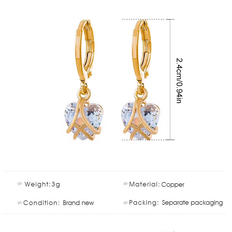 Anting Bentuk Hati Aksen Kristal Bahan Zirkon Warna Rose Gold Putih Untuk Wanita