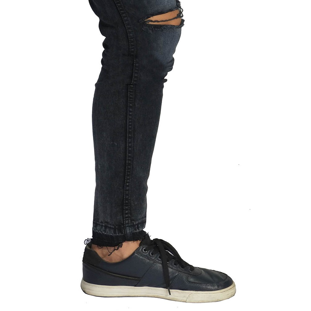CELANA JEANS PANJANG PRIA COWO LAKI KNEE RIPPED RAW FRAYED HEM BLACK FADED
