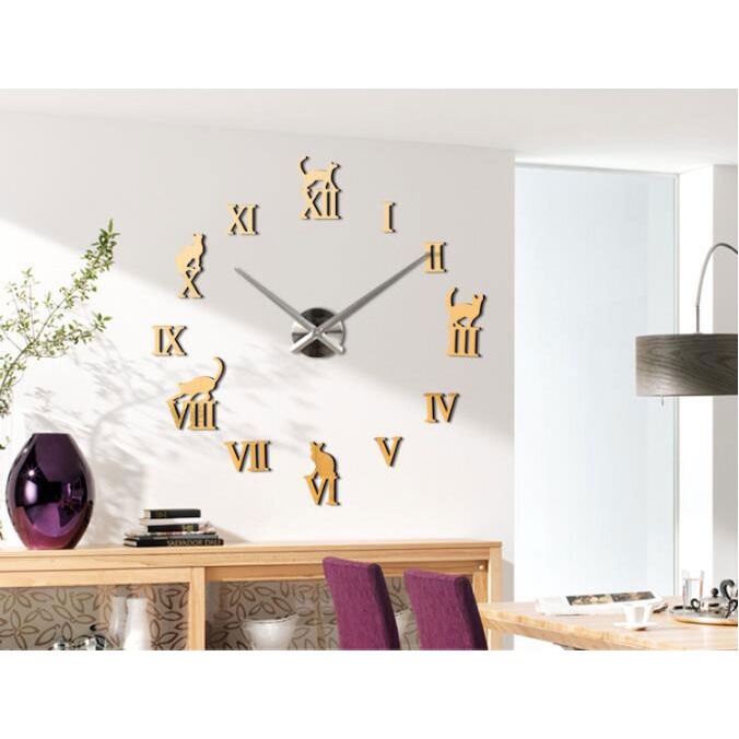 (MAINANKYU) Jam Dinding Besar DIY Giant Wall Clock Quartz Creative Design Model Kucing Lucu - Silver