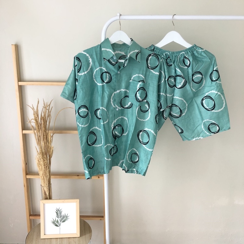hirafa - One Set Setelan Atas Bawah Full Kancing / Baju Santai Tie Dye / Baju Wanita Pria-Double Ring - Mint