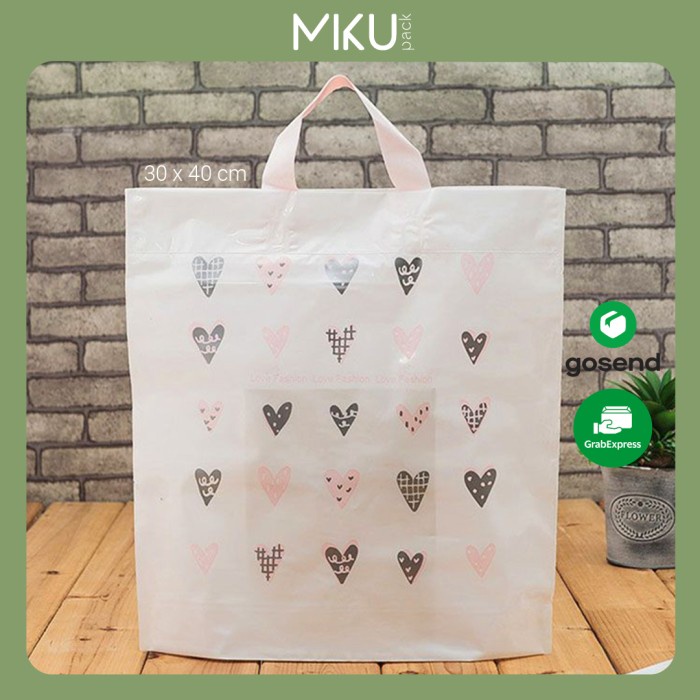 

✨ BISA COD ✨ 30x40cm Kantong Plastik Shopping Bag Plastik Butik Handle -White Heart