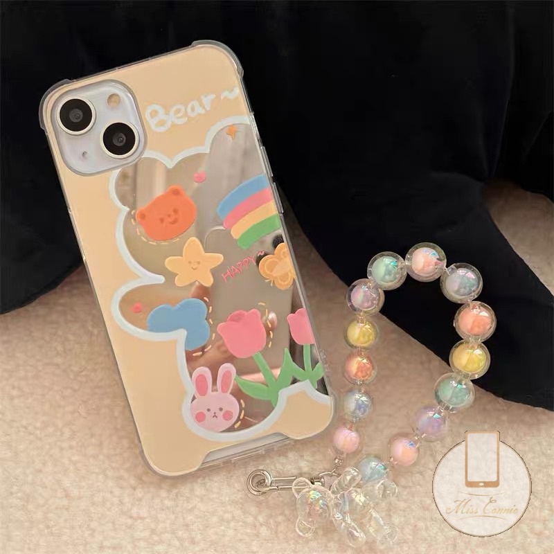 Casing Soft Case Motif Beruang 3D + Cermin Makeup + Gelang Mutiara Untuk iPhone 7 8 14 Plus 11 12 13 14 Pro Max XR X XS Max