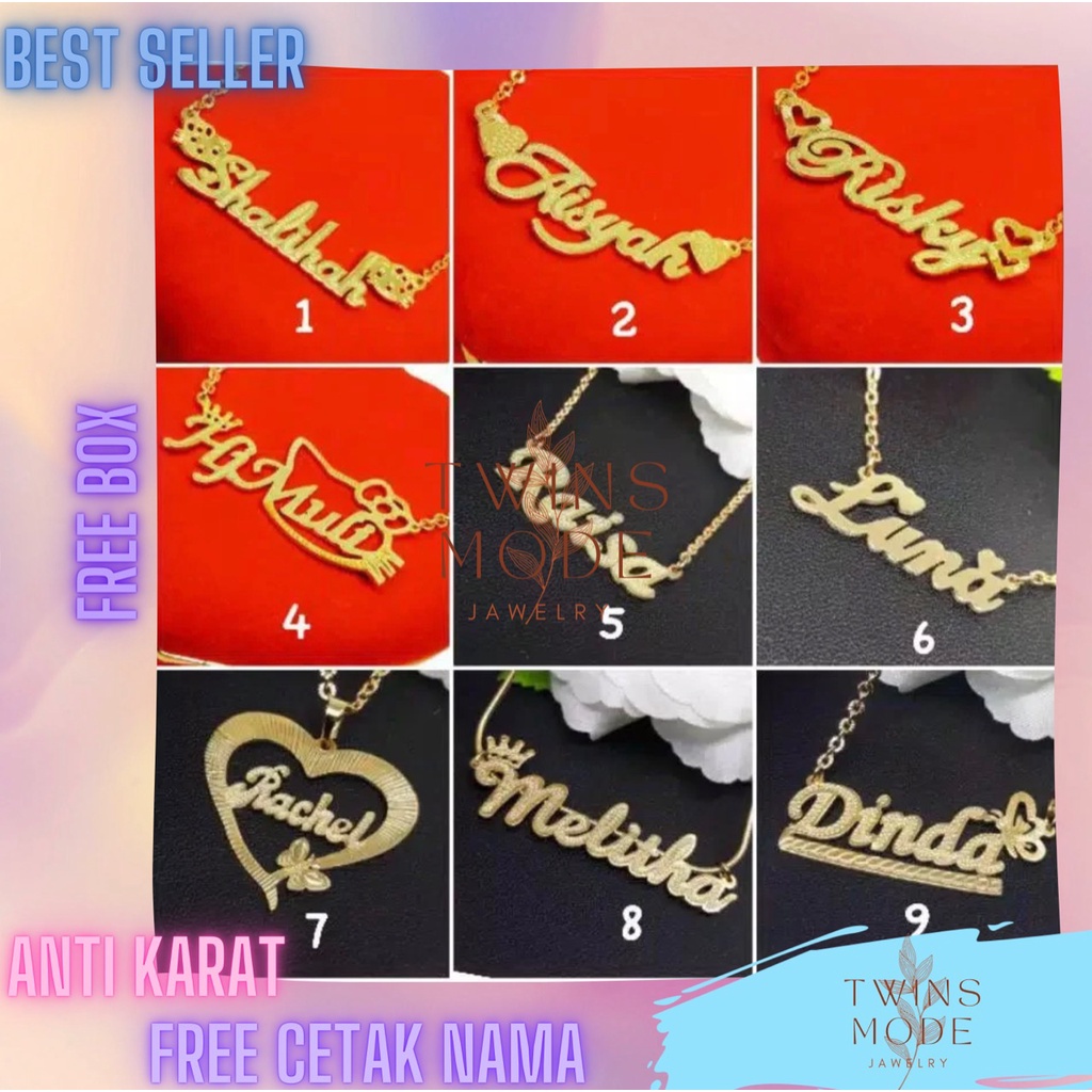 Kalung Gold Cetak Nama Rantai Titanium Free Box