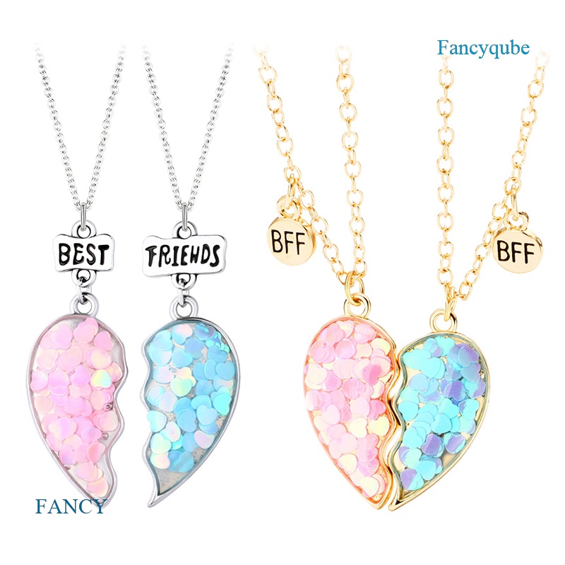 Set Kalung Rantai Liontin Hati Sequin Batu Magnet BFF Good Friend Untuk Anak Perempuan