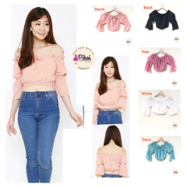 Baju crop top sabrina wanita murah / atasan blouse pantai kekinian polos crepe tebal halus / 896