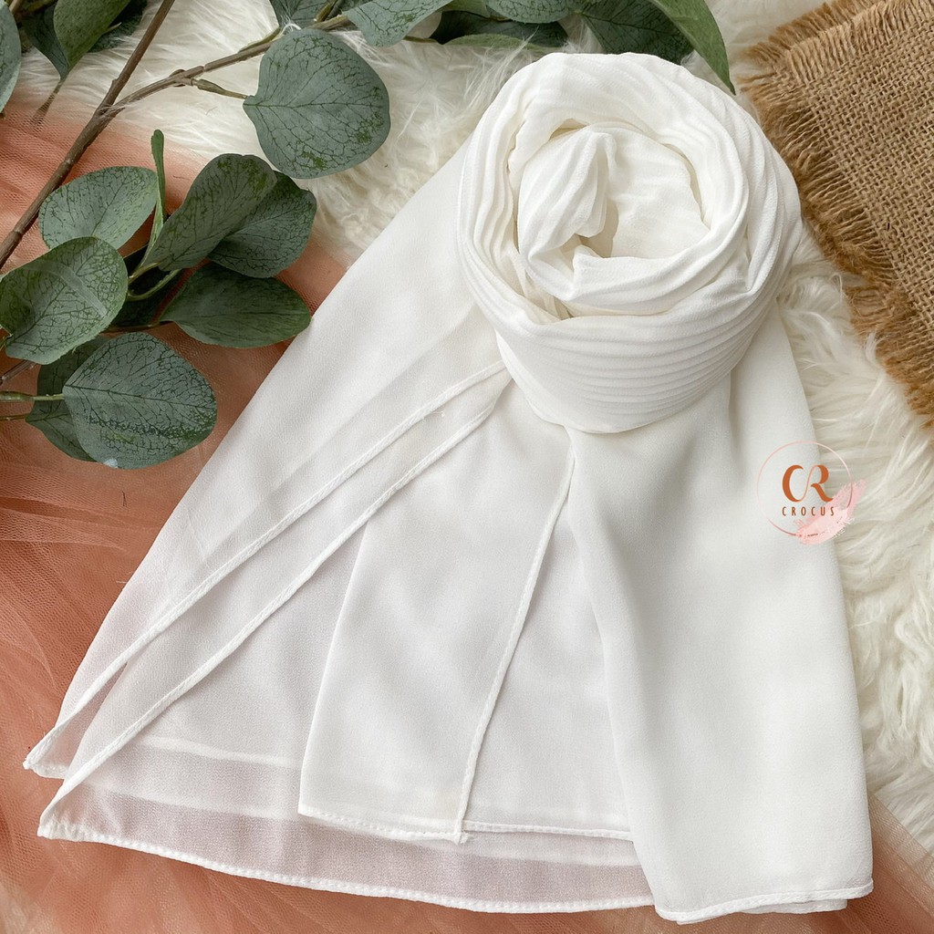 [𝐂𝐫𝐨𝐜𝐮𝐬] (180 * 60cm) Pashmina Plisket Ceruty Baby Doll / Pasmina Pleated Hijab Kerudung-Shawl Full - WHITE