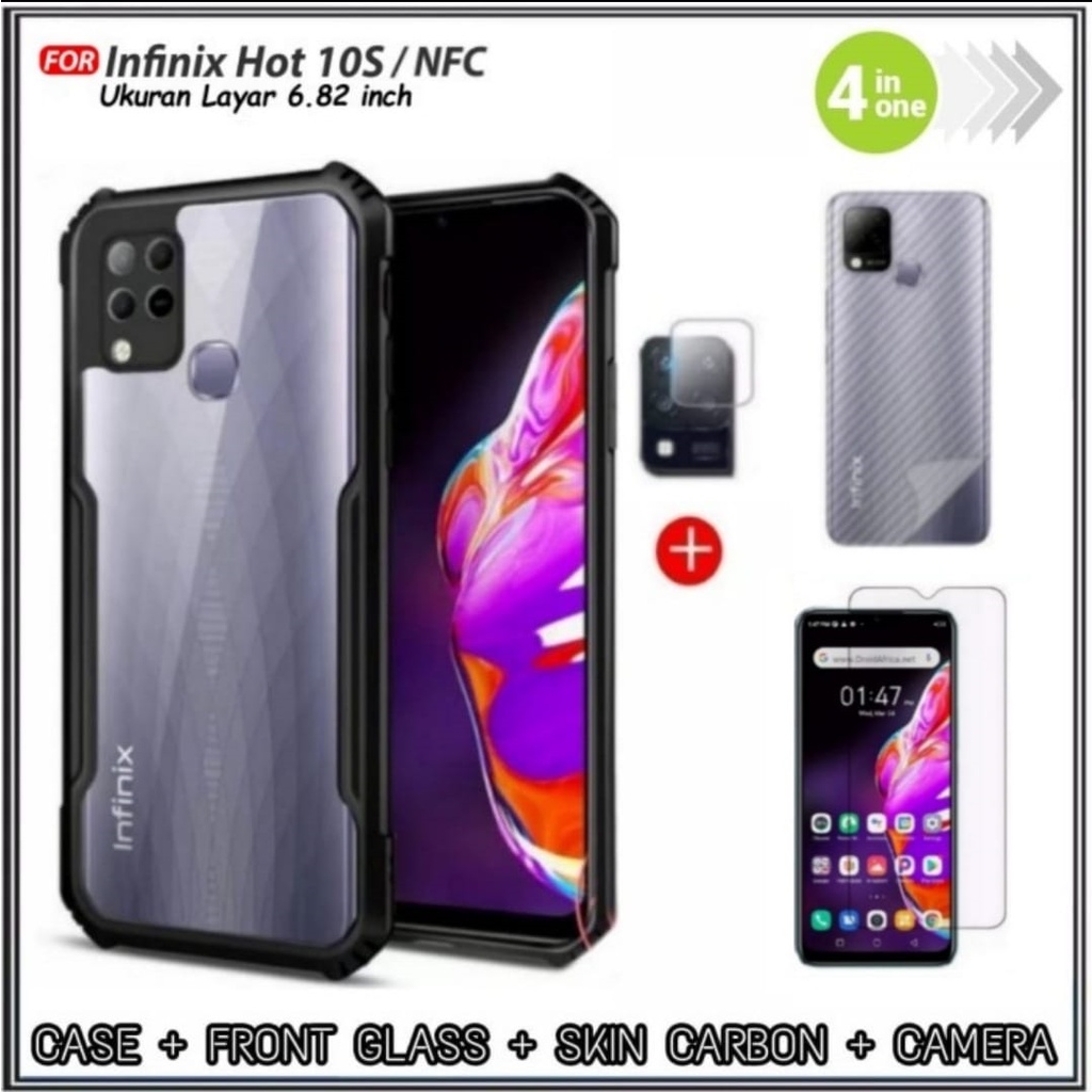 PAKET 4IN1 CASE Infinix Hot 10s NFC Hard Soft Fusion Armor Shockprooft TPU HD Trasnparan Acrylic Casing HP Cover DI HANYCASE