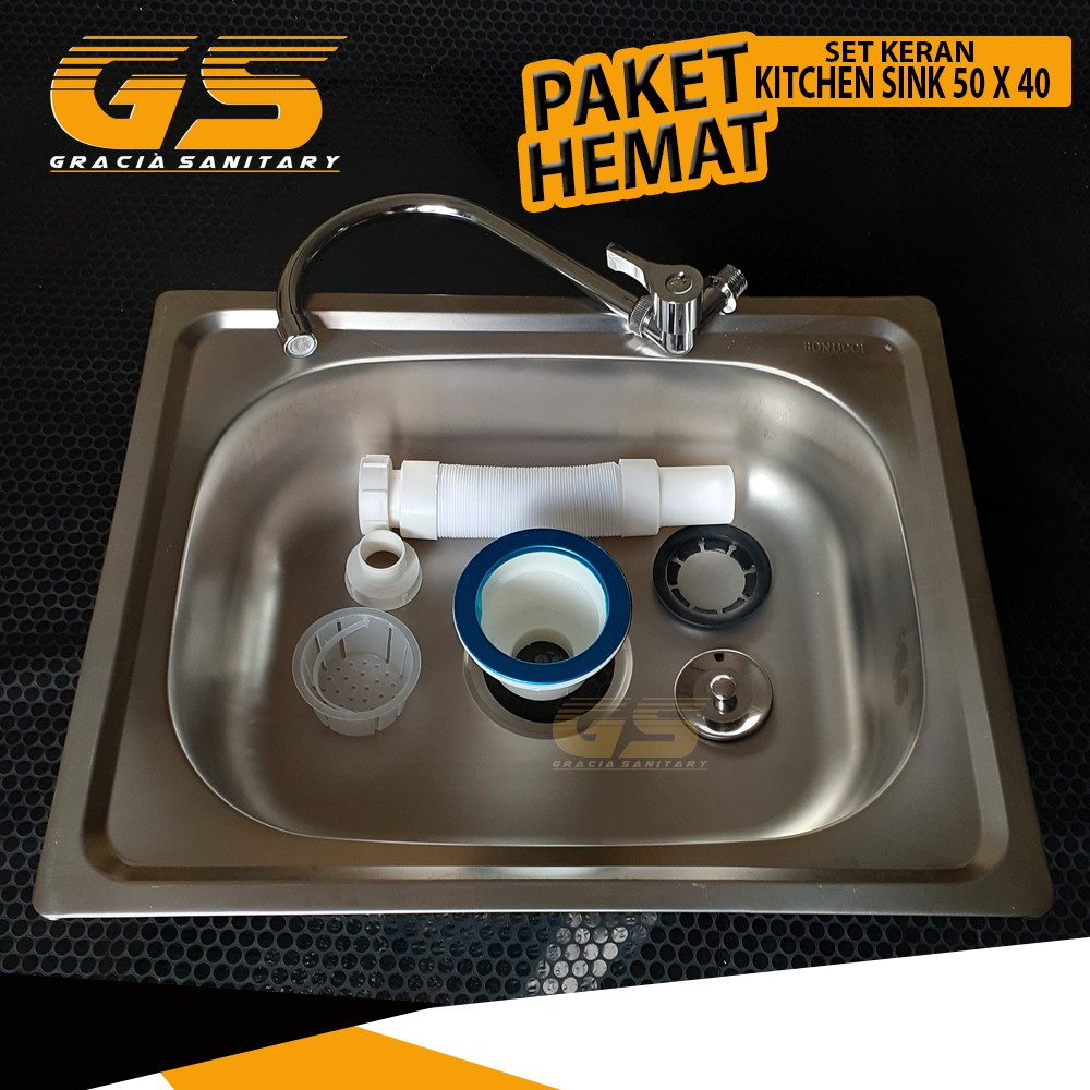 Bak Cuci Piring Stainless 50 X 40 Cm Sink Wastafell Komplite Kran Angsa Paket Komplite