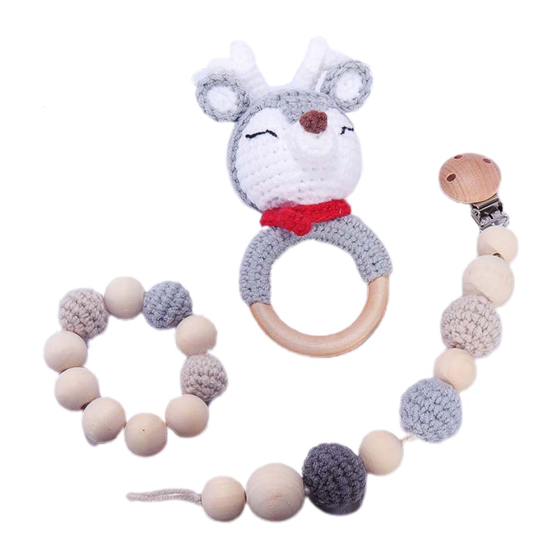 Mary 3pcs / Set Mainan Teether / Rattle / Kerincingan Bentuk Rusa Bahan Kayu Untuk Bayi