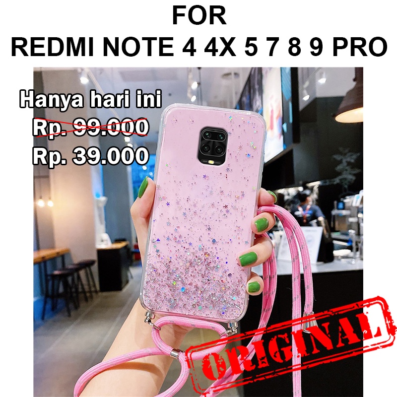 GLITTER LANYARD case Xiaomi Redmi Note 4 4X 5 7 8 9 Pro softcase casing cover tali strap silikon