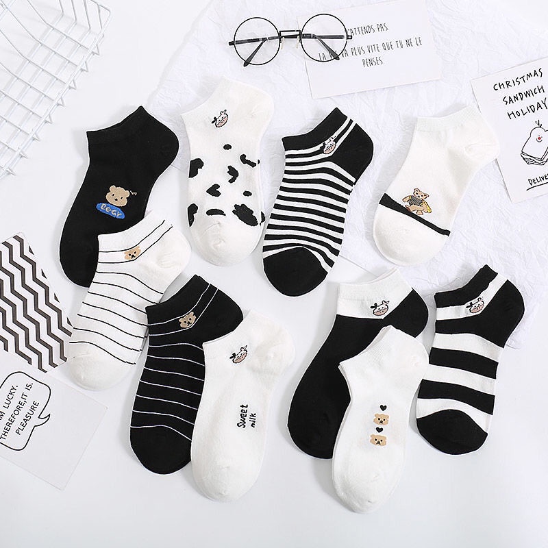 BV.ID •KK825 Kaos Kaki Wanita Pria Pendek Unisex Semata Kaki Ankle Motif Garis hitam Socks Korean