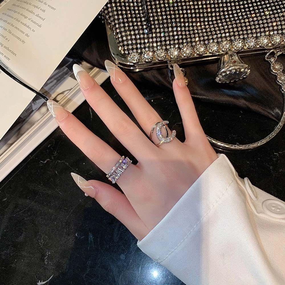 Mxbeauty Cincin Model Terbuka Bentuk Lingkaran Ganda Bahan Logam Aksen Zirkon Gaya Korea Untuk Wanita