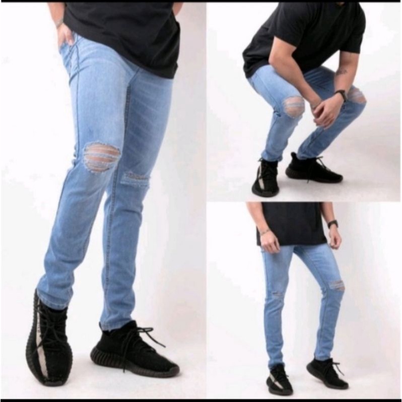 celana panjang jeans pensil sobek2 pria, street/mellar