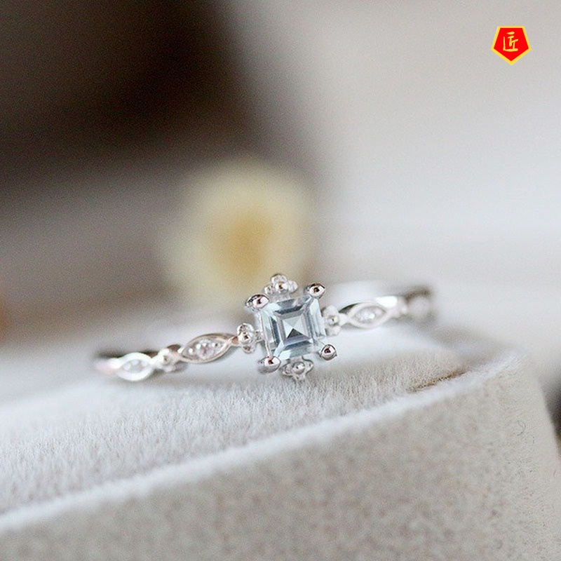 [Ready Stock]Simple Fresh Elegant Ring with Diamonds Sea Blue Topaz