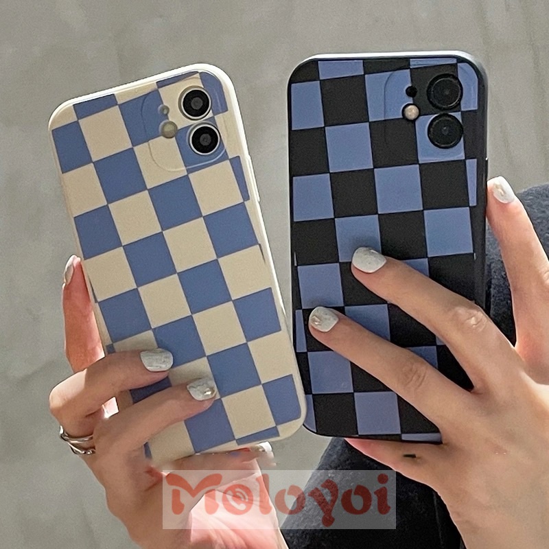 Soft Case Silikon Tpu Motif Kotak-Kotak Biru Untuk IPhone 7 8 Plus 13 12 11 Pro Max 6 6s Plus X XS Max XR SE 2020