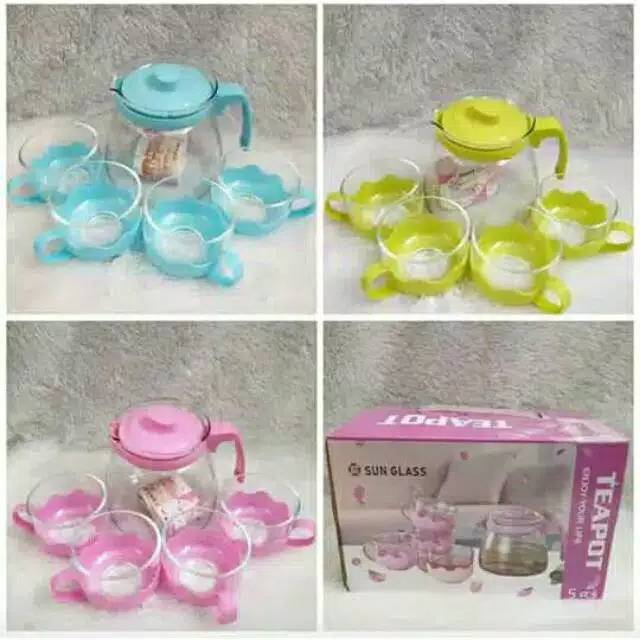 Tea Pot set 5 in 1 teko dan gelas kaca cantik dan imut