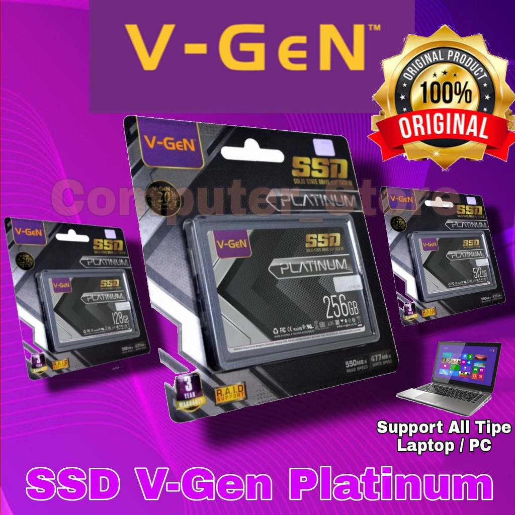 SSD VGEN 128GB 256GB 512GB 1TB Sata 3 V-GEN Platinum Sata III 2,5inch Speed 550Mbps Ssd internal Untuk Laptop Asus Lenovo Hp Dell Acer Macbook Untuk Pc Notebook AIO Garansi Resmi 3 Tahun
