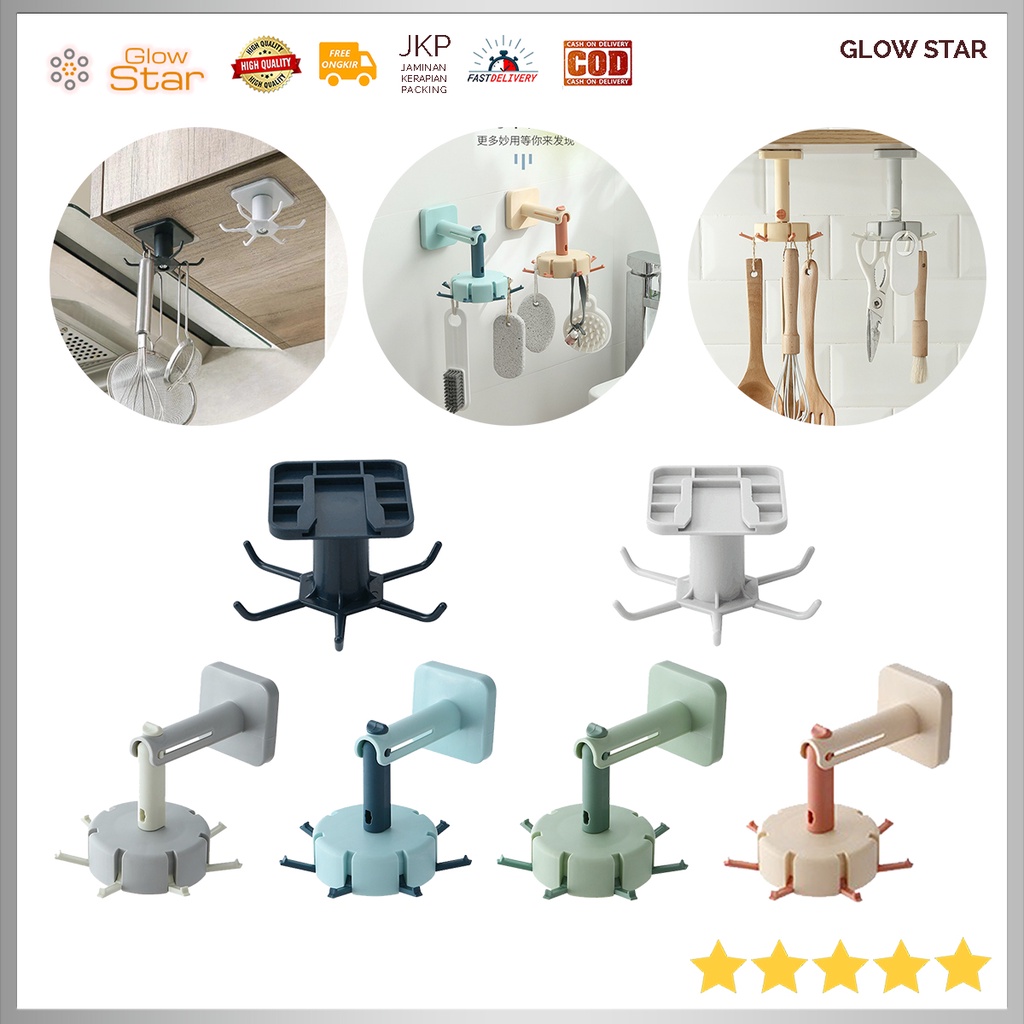 Gantungan Putar Dapur Multifungsi Serbaguna Peralatan Kunci Kamar Mandi Ruang Tamu Dapur 6 Hook Hanger Strong Adhesive Hook Black Gray Pink Green Blue Orange