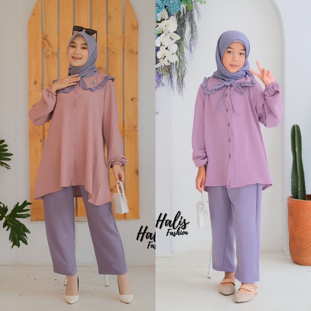 ONESET ZARA ZAHRANA HALIS DEWASA DAN ANAK Cringkel TUNIK + CELANA Model Rempel Dada Warna Cantik