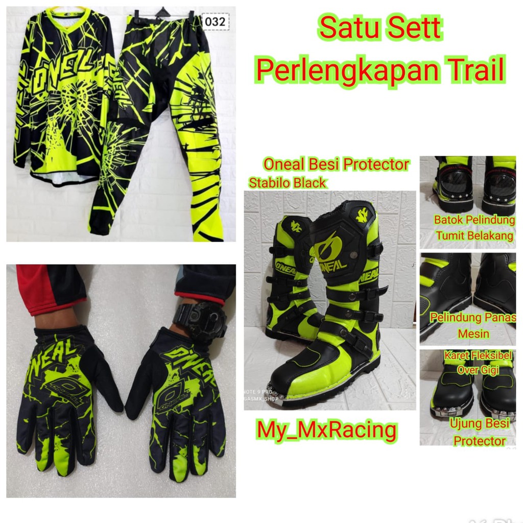 jerseyset cross , sepatu trail &amp; sarung tangan motor cross trail FULSET oneal stabilo hitam