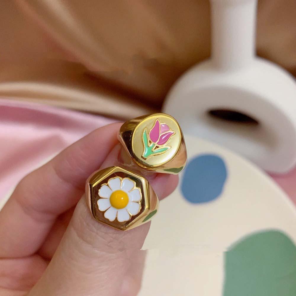 Mxbeauty Cincin Logam Wanita Lucu Hati Tulip Korea Daisy Perhiasan Fashion