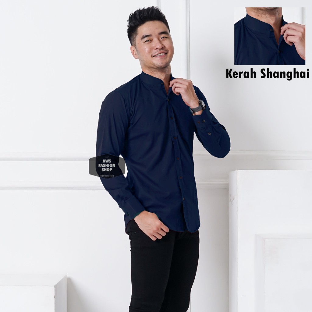 Kemeja Polos Pria Lengan Panjang Kerah Shanghai 1 Biru Navy / Dark Blue Casual Slimfit 3342