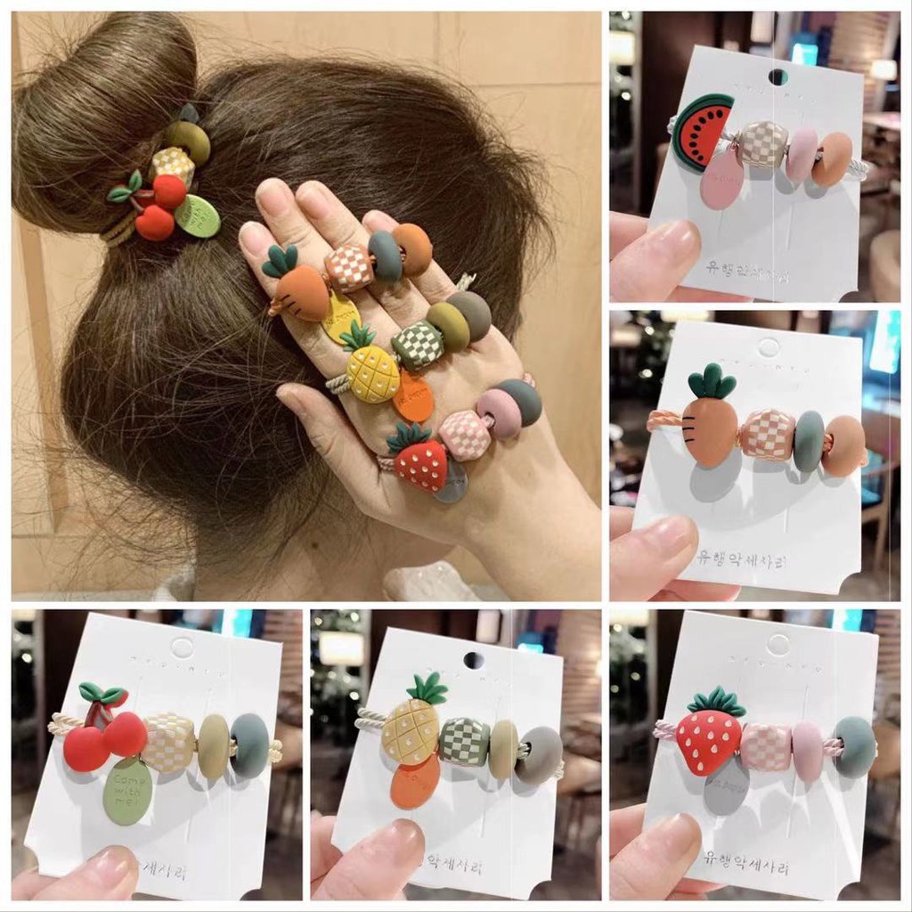 ✅Grosir Jam Senen - Ikat Rambut Aksen Manik Buah Gaya Korea Untuk Wanita / Ikat Rambut Bahan Karet Aksen Buah