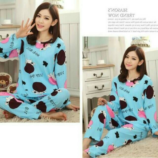 Baju + Celana Piyama / Baju + Celana Tidur Dewasa Wanita Motif Sapi Cow (Moo) Murah Berkualitas