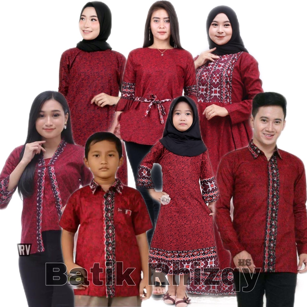 Batik Couple Set Pakaian Keluarga Family Katun M-Jumbo Motif Mega Mendung Merah