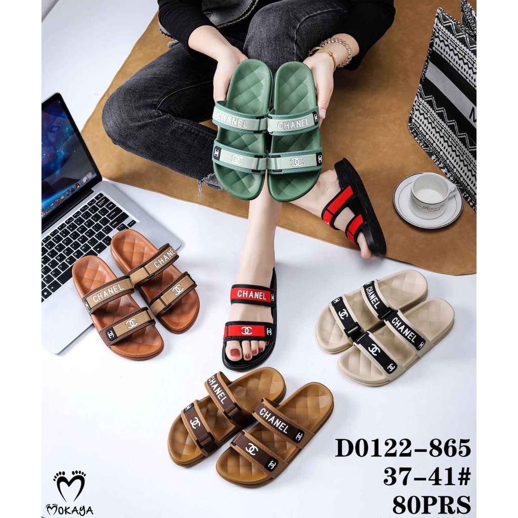 Sandal Slop Wanita Ban 2 Motif CC Sol Empuk Cantik Elegant Import Mokaya / Size 37-41 (D0122-865/D0122-863)