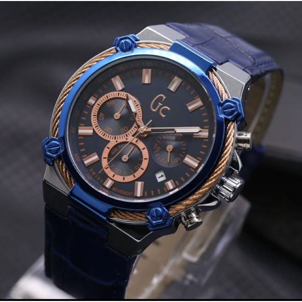 Jam Tangan Pria / Cowok Gc Chrono Leather Blue Silver