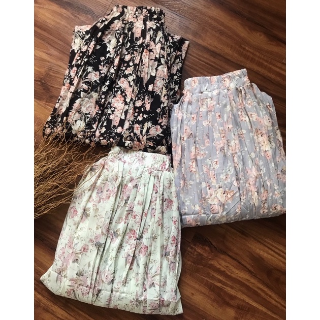 Rok Panjang Plisket Prisket Pastel/ Rok Import / Maxi Skirt Motif