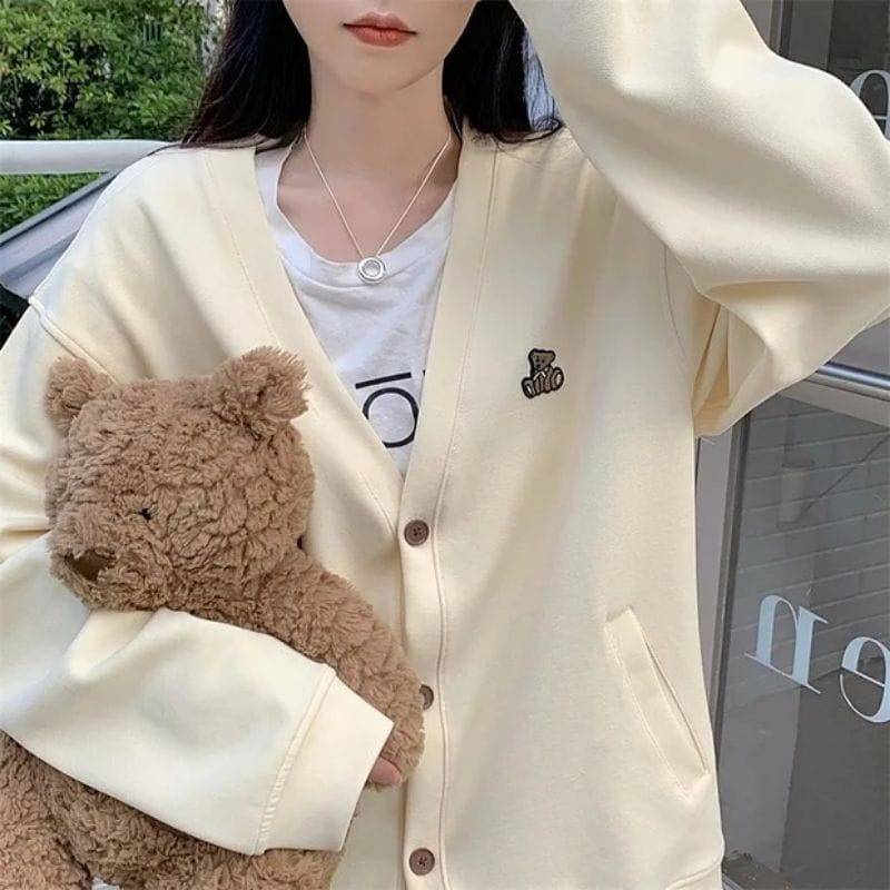 BEAR EMBROIDERY CARDY Sweater Outer Wanita Oversize Atasan Kasual Fashion Korean Style Fashion Terkini