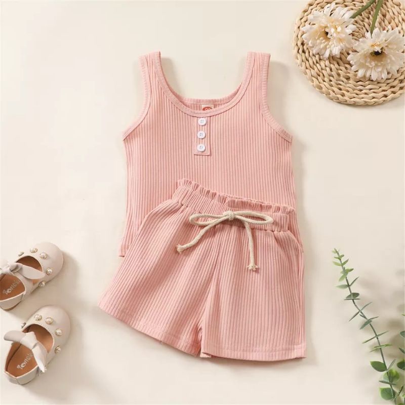 Setelan Andien 6 bulan - 2 Tahun / Setelan Singlet Katung Tanpa Lengan / Setelan Anak Bayi Hotpants Tali Rib / Ribbed Tank Set