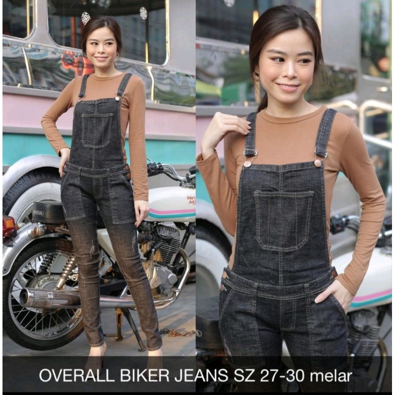 Overall wanita biker jeans jumpsuit jeans size 28
