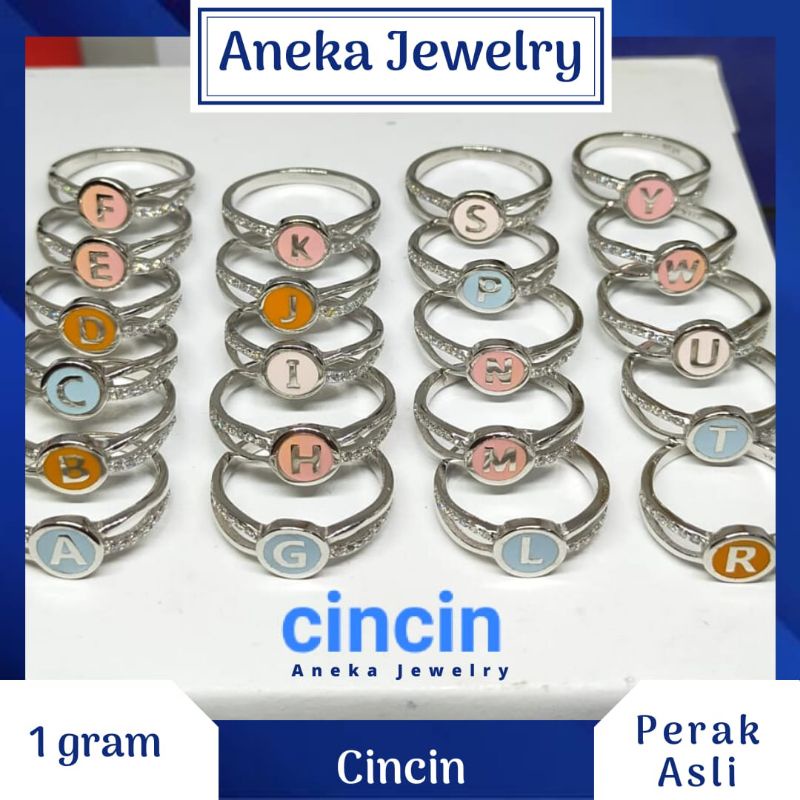 Cincin Huruf Variasi Warna, Perak 925, Sepuh Emas Putih