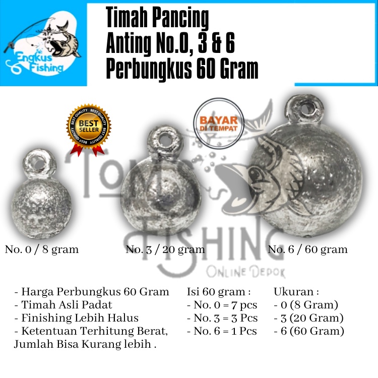 Timah Pancing Model Anting Bulat Perbungkus 60gram (No.0/8gr, 3/20gr &amp; 6/60gr) Murah - Engkus Fishing