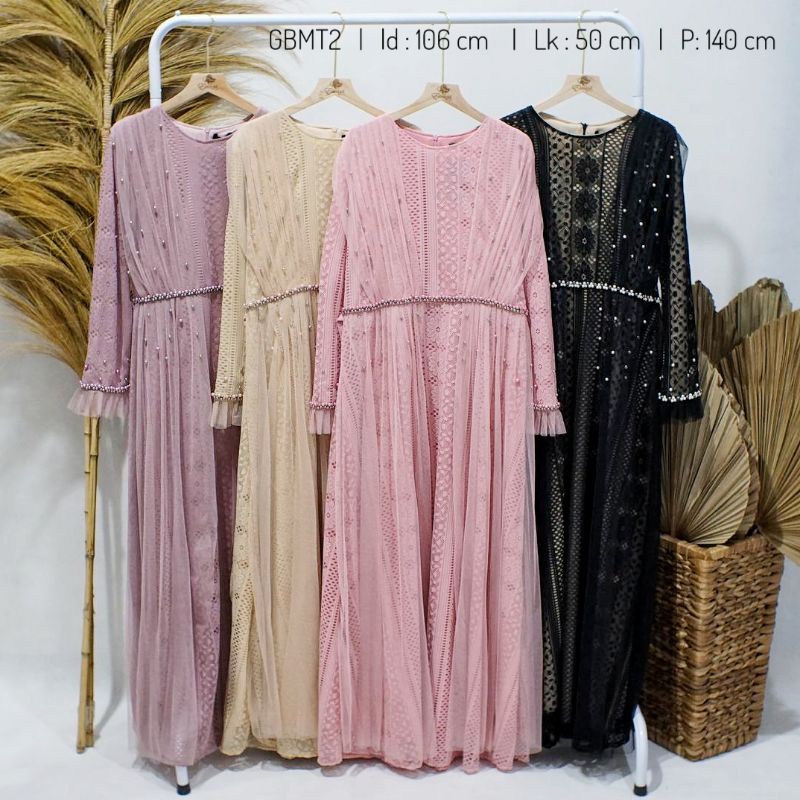 gamis mewah pesta brukat tile mutiara ld 106 cm