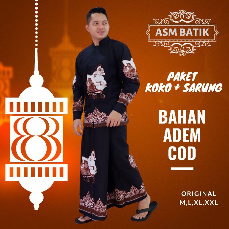 ASM Setelan Sarung Kemeja Batik Koko Hitam / Setelan Baju Batik / Sarung Batik Pria