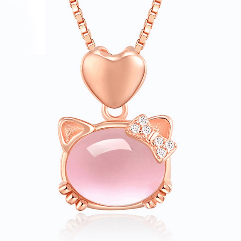 [Ready Stock]Fashion Inlaid Pink Crystal Cat Heart Pendant Necklace