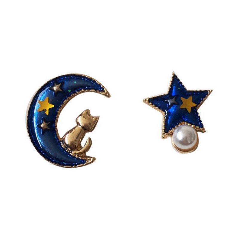 Anting Kait Gantung Asimetris Desain Hati / Kucing / Kelinci / Bulan / Bintang Hias Mutiara / Berlian Untuk Wanita