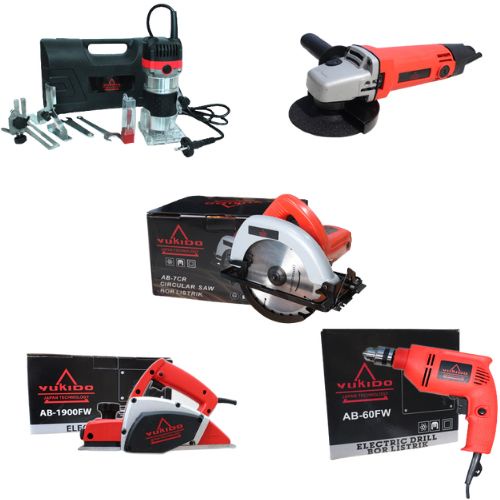 PROMO DADAKAN!!!! PAKET TUKANG MESIN GERGAJI KAYU CIRCULAR SAW 7IN+MESIN GERINDA TANGAN 4IN TAHAN PANAS+MESIN BOR TANGAN LISTRIK 10MM VARIABLE SPEED+MESIN PASAH KAYU KETAM LISTRIK+MESIN PROFIL KAYU 6MM SET MATA PRODUK DARI YUKIDO EKONOMIS BERKUALITAS