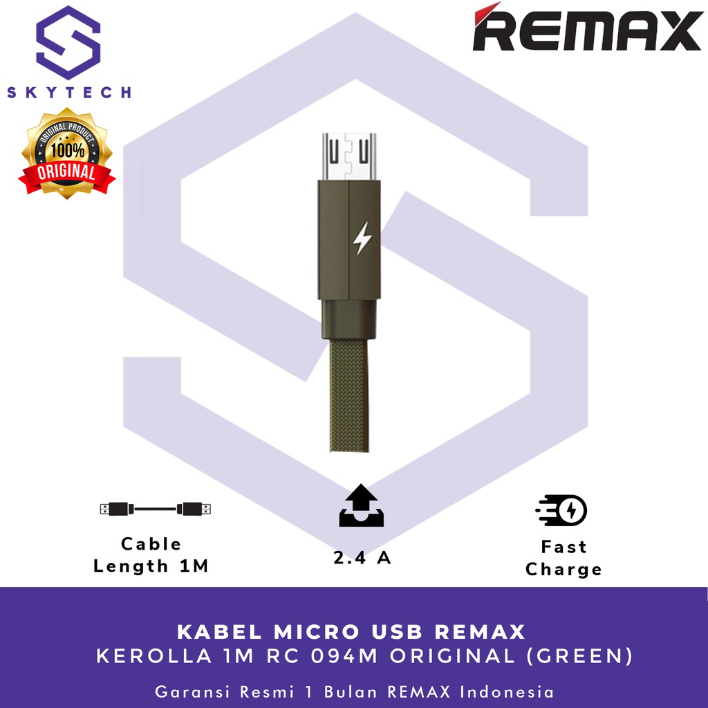 KABEL MICRO USB REMAX KEROLLA 1M GREEN RC 094M ORIGINAL GARANSI RESMI