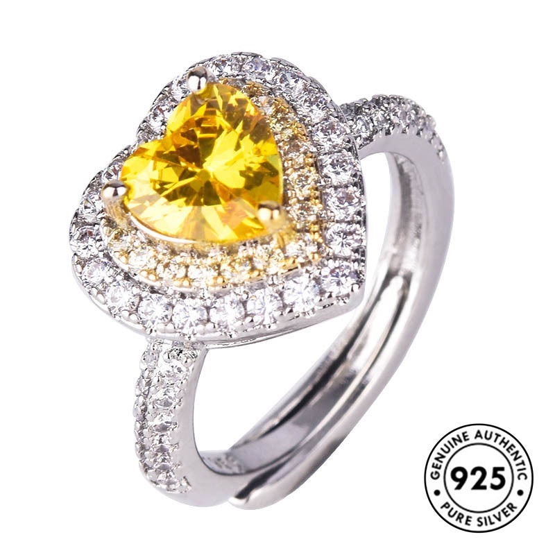 Cincin S925 Silver Bentuk Hati Aksen Berlian Warna Kuning