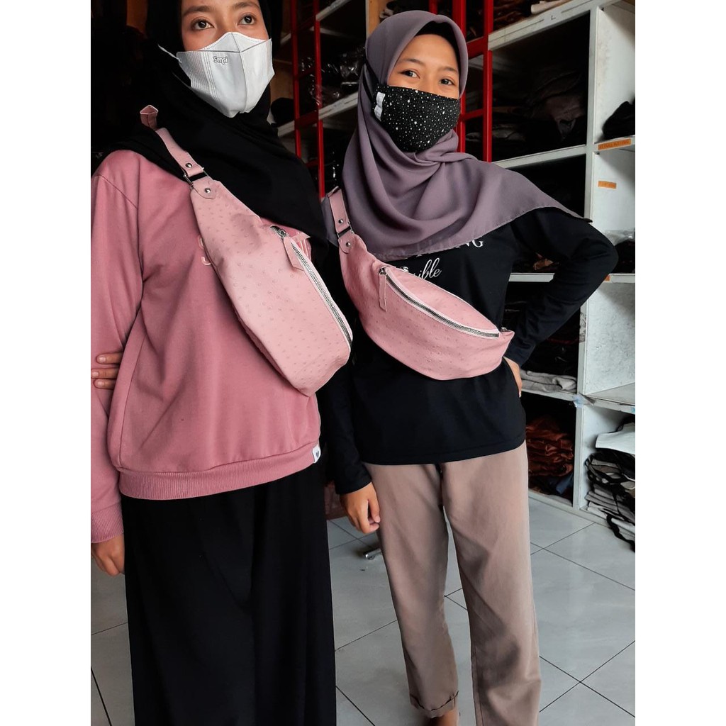 waistbag wanita kulit asli warna pink tas selempang khas kota garut