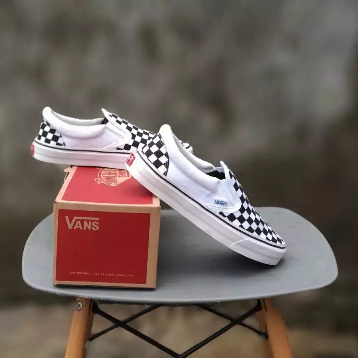 Paket 100% PREMIUM Sepatu Vans Slip On Mono Checkerboard  / Vans Slip-On Checkerboard Black-White OG / Vans Slip On Catur OG