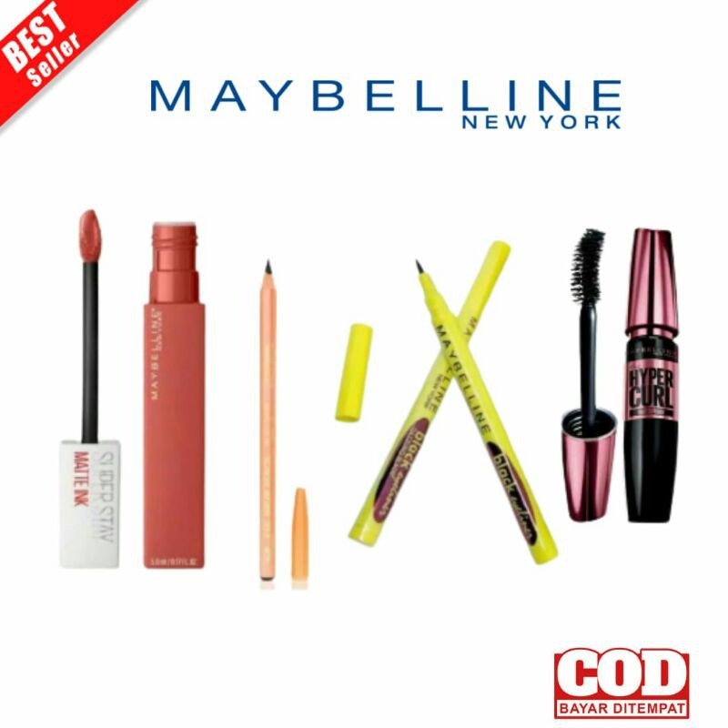 Paket Hemat Maskara Hypercurl + Pensil Alis + Lipcream + Eyeliner Spidol Maybelline