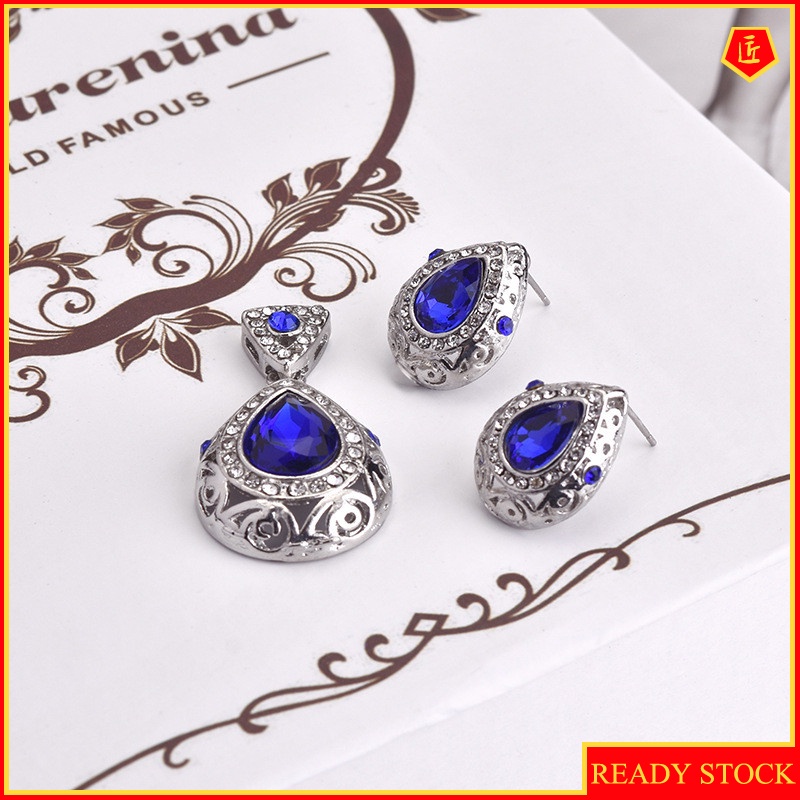 [Ready Stock]New Hollow Inlaid Sapphire Ear Stud Necklace Luxury Suit