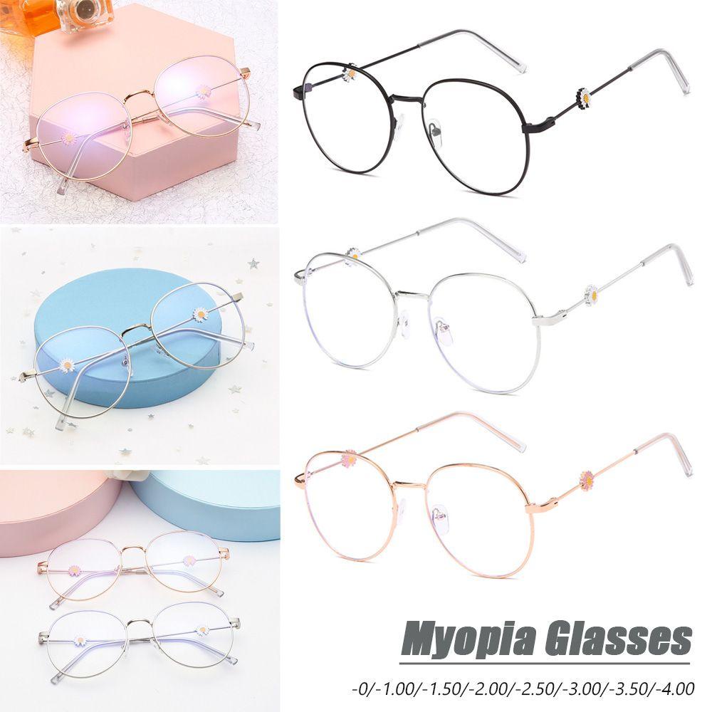 ❈ROWAN❈ -1.0~-4.0 Vintage Eyeglasses Reduces Eye Strain Anti-UV Blue Rays Radiation Myopia Glasses Metal Round Frame Ultralight High-definition Unisex Flat Mirror Eyewear/Multicolor